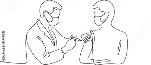 Astract doctor make injection to patient in medical mask. Covid-19 or coronavirus vaccine. Hand with Injection Symbol continuous line drawing. one line Icon drawing