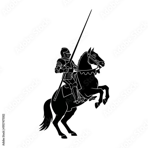 Dynamic black-and-white illustration of a rearing horse and armored knight with helmet brandishing a lance