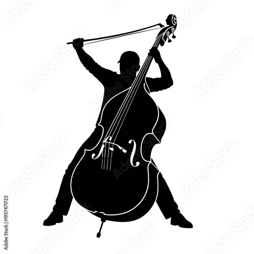 Focused Silhouette of a Musician Man Playing Doublebass with Bow - Front View