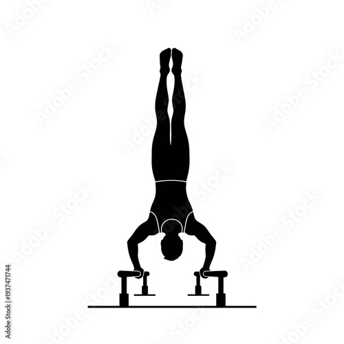 Dynamic Handhand Silhouette on Parallel Bars – Centered Athletic Figure in Focused Movement