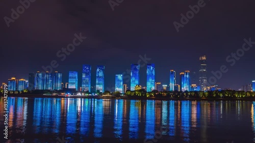 Changsha Night Skyline with Colorful Lights Reflecting on Xiangjiang River