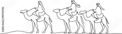 Arab men riding camels line drawing. Continuous one line art. Vector illustration. one line Icon drawing