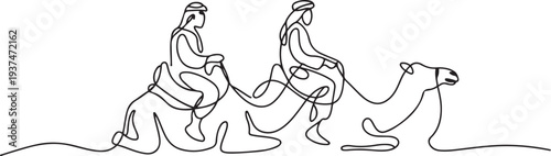 Arab men riding camels line drawing. Continuous one line art. Vector illustration. one line Icon drawing