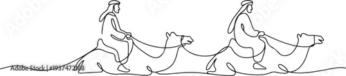 Arab men riding camels line drawing. Continuous one line art. Vector illustration. one line Icon drawing
