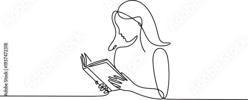 One line woman reading a book. Line Art Girl read book. Creative simple elegant minimalist illustration. one line Icon drawing