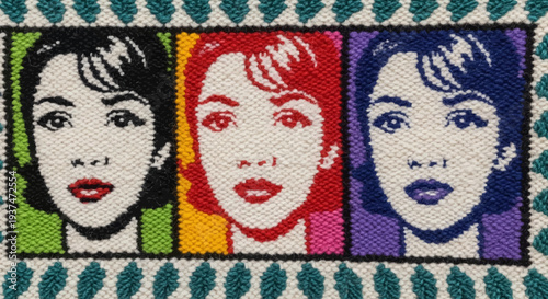 Showcasing bold, playful, colorful pixelated woman portrait series in a graphic gallery front view