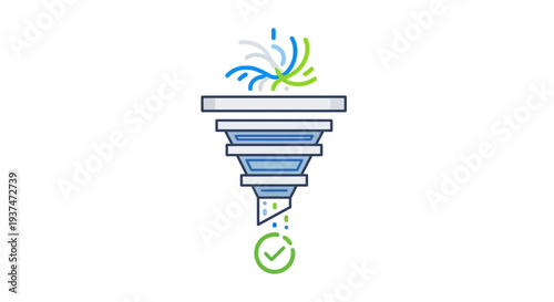 Funnel illustration with processing concept for data filtering or selection