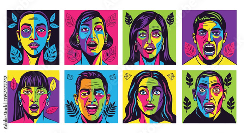 Vibrant PopArt Portrait Grid Showcasing Energetic Stylized Figures with Bold Colors