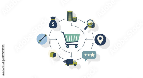 E commerce concept illustration with shopping cart and financial icons on white background