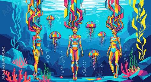 Surreal Underwater Cartoon Featuring Humanoid Figures, Jellyfish and Coral in a Dreamlike Sea View