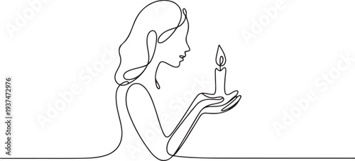 Woman with a candle in a modern single line art style. Human hands holding a memory candle in the hands. Continuous one line drawing for home decor outline. one line Icon drawing