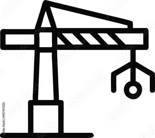 Simple black outline icon of a tower crane featuring a powerful claw grabber attachment
