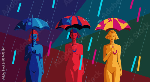 Futuristic Surreal Rain Scene of Colorful Humanoid Figures with Umbrella