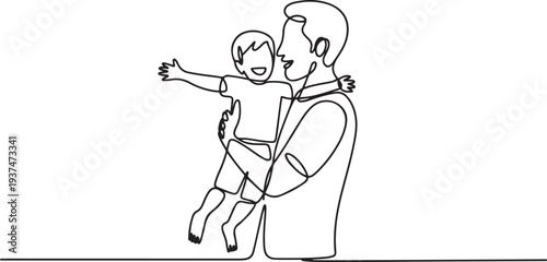 One line drawing. Father holds his happy son. Vector illustration. one line Icon drawing