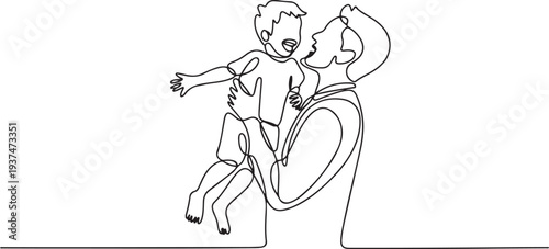 One line drawing. Father holds his happy son. Vector illustration. one line Icon drawing