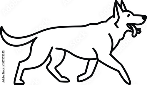 Black and white dog illustration in motion, stylized line drawing with clean outlines, walking or trotting pet artwork for educational, decorative, logo, and design purposes