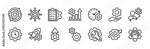Industrial process and workflow optimization line icon set featuring gears and clock symbols for business efficiency
