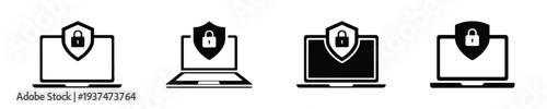 Laptop security icons with shield and lock symbols for data protection