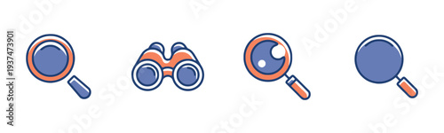 Magnifying glass and binoculars icon set with blue and orange flat design style