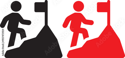 Man climbing mountain to flag symbolizing success achievement reaching goal accomplishment up rise