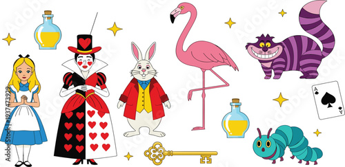 Alice in Wonderland Inspired Character and Object Vector Set Featuring Alice, Queen of Hearts, White Rabbit, Flamingo, Cheshire Cat, Caterpillar, and Fantasy Elements