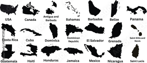 Map outlines of countries in North and Central America including USA, Canada, and Caribbean islands