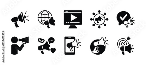 Marketing and advertising icons in black solid style with megaphones