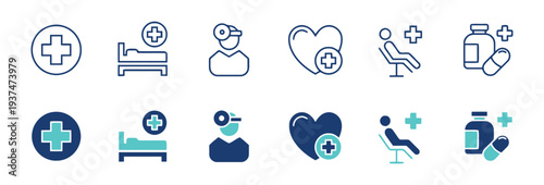 Medical and healthcare service icons set, hospital and doctor symbols