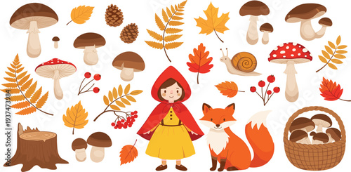 Autumn Forest Vector Illustration Set with Little Red Riding Hood, Fox, Mushrooms, Fall Leaves, Pinecones, Snail, and Woodland Nature Elements Collection