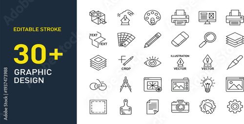 30 Graphic Design and Creative Tools Line Icon Set with Editable Stroke Including Printer, Color Palette, Crop, Camera, Layers, Vector Illustration Symbols