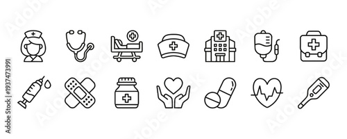 Medical icons collection for healthcare and medicine, including nurse, hospital, and tools