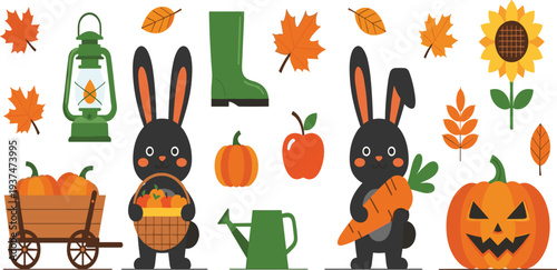 Autumn Harvest Illustration Collection with Cute Rabbits, Pumpkins, Falling Leaves, Lantern, Sunflower, Apple, and Garden Elements for Fall Season Vector Design