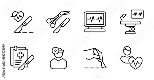 Medical instruments and healthcare icons for surgical procedures and patient care