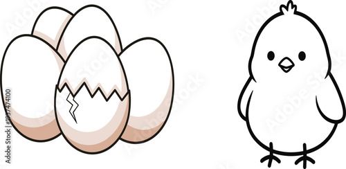 Chicken Egg and Cute Chick Illustration with Cracked Eggshell Collection for Farm Animals, Poultry Farming Concept, Easter Design, and Vector Cartoon Graphics