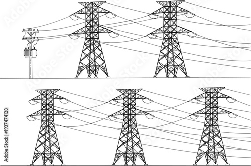Black and white silhouette illustration of multiple electrical transmission towers and utility pole with transformers, insulators, and crisscrossing power lines 