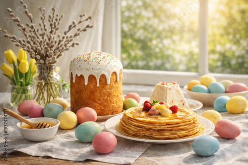 A festive Easter table by the window: traditional kulich with icing and sprinkles, paskha made with cottage cheese, a stack of pancakes with honey and berries, dyed eggs, and spring flowers.  