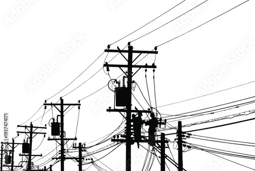 Black and white silhouette illustration of multiple utility poles aligned in a row with transformers, insulators, and crisscrossing power lines representing 
