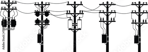 Black and white silhouette illustration of multiple electrical utility poles with transformers, insulators, and crisscrossing power lines representing diverse 
