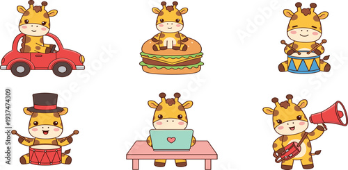 Cute Cartoon Giraffe Character Collection with Car Driver, Burger Lover, Musician, Drummer, Teacher, and Megaphone Mascots for Kids Vector Illustration