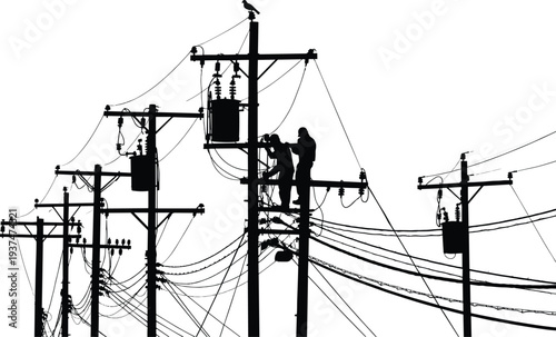 Black and white silhouette illustration of utility worker wearing safety gear performing maintenance on electrical pole with transformers, insulators, wires, and 