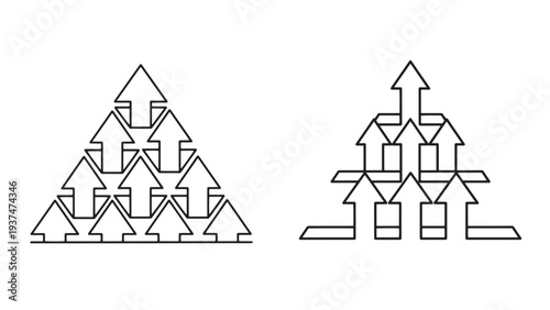 Hierarchical arrow pyramid and block foundation illustrating organizational structure, scalable workforce planning and performance-driven leadership model
