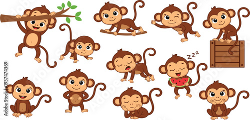 Cute Cartoon Monkey Character Collection with Funny Poses, Sleeping, Eating Watermelon, Hanging on Tree Branch, and Playing for Kids Vector Illustration