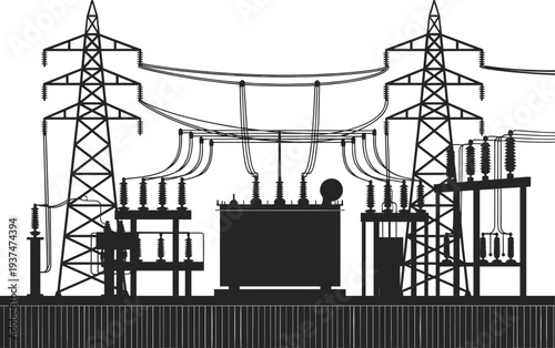 Black and white silhouette of electrical substation with transmission towers, transformers, circuit breakers, insulators, and power lines, showcasing complex energy infrastructure and industrial 