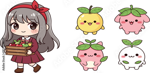 Cute Kawaii Girl Farmer with Harvest Basket and Adorable Fruit Characters Collection for Kids Illustration, Gardening Theme, and Cartoon Vector Design
