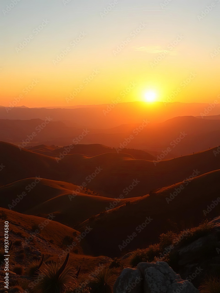 Obraz premium Sunset casting warm glow on rolling hills and mountains, ||sunset, serene