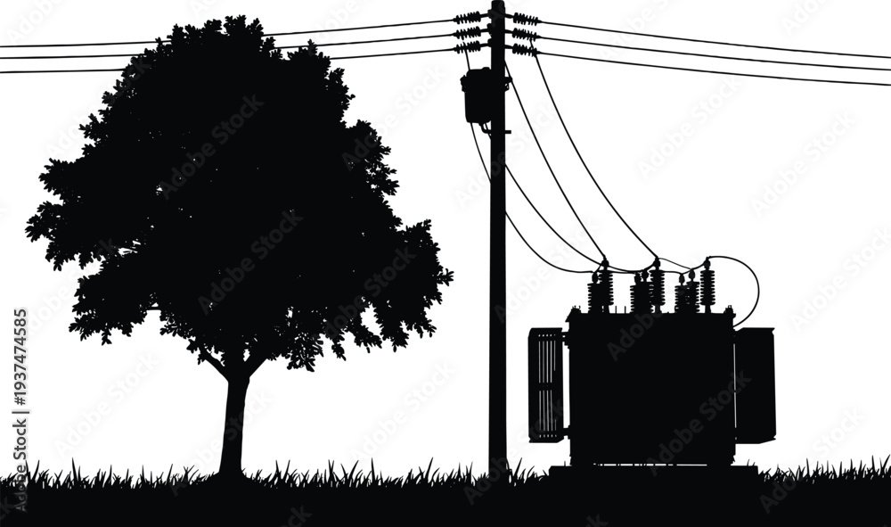 Obraz premium Black silhouette illustration of utility pole with electrical transformer, power lines, tree and grass, depicting urban electricity distribution infrastructure and energy supply system design