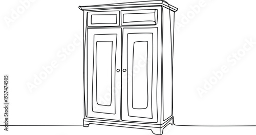 Black and white wardrobe illustration with double doors, rectangular panels, round knob handles, decorative top edge, classic symmetrical furniture design for interior, woodworking, and decorative 