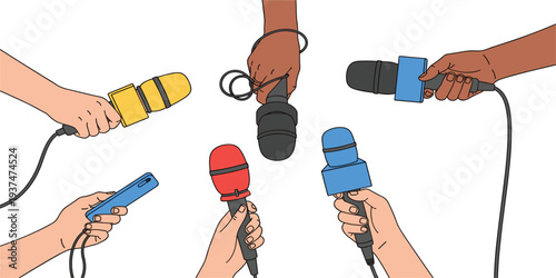 Diverse Hands Holding Microphones Vector Illustration Representing Press Conference, Media Interview, Journalism, News Reporting, and Public Communication Concept
