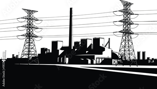 Black silhouette illustration of industrial power plant with transmission towers, power lines, chimneys, and buildings, artwork symbolizing electricity generation, 