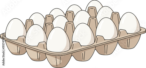 Egg Tray Carton with Fresh White Chicken Eggs Illustration for Farm Produce, Poultry Farming, Grocery Food Packaging, and Organic Agriculture Vector Design